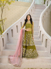 Olive Green Net Heavy embroidered Panelled Shirt sharara with Dupatta